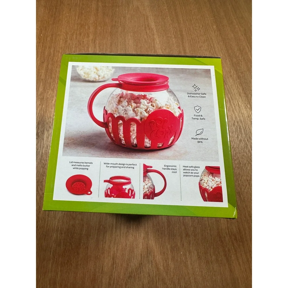 Ecolution Micro-Pop Popcorn Popper Family Size 3 QT Red Glass Microwave New